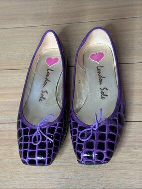London Sole Purple Patent Croc Embossed Ballet Flats Square Toe Bow EU 41 Italy